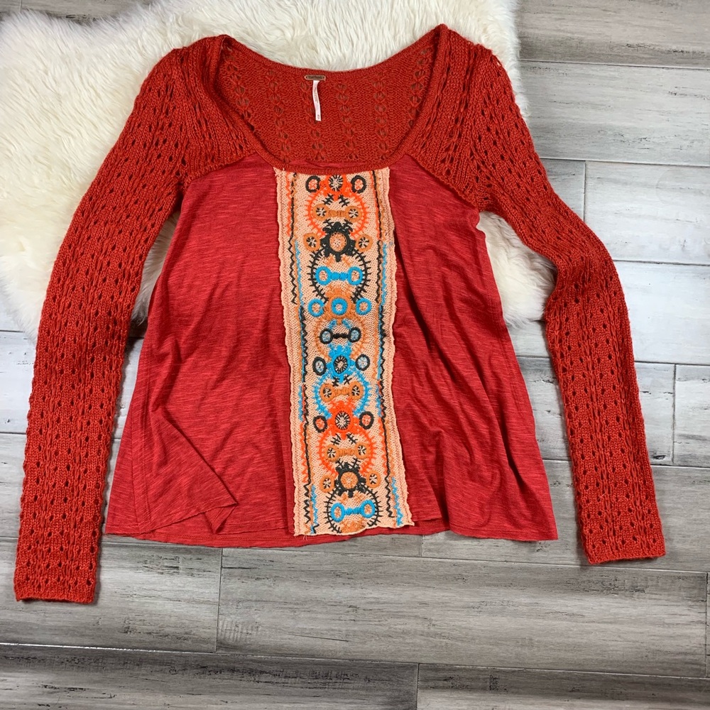 Free People Embroidered Top Red XS